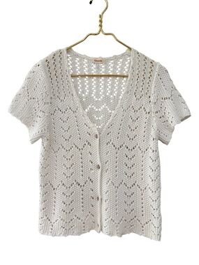 Ghanda Open Knit Cotton Cardigan Short Sleeve Button Front M